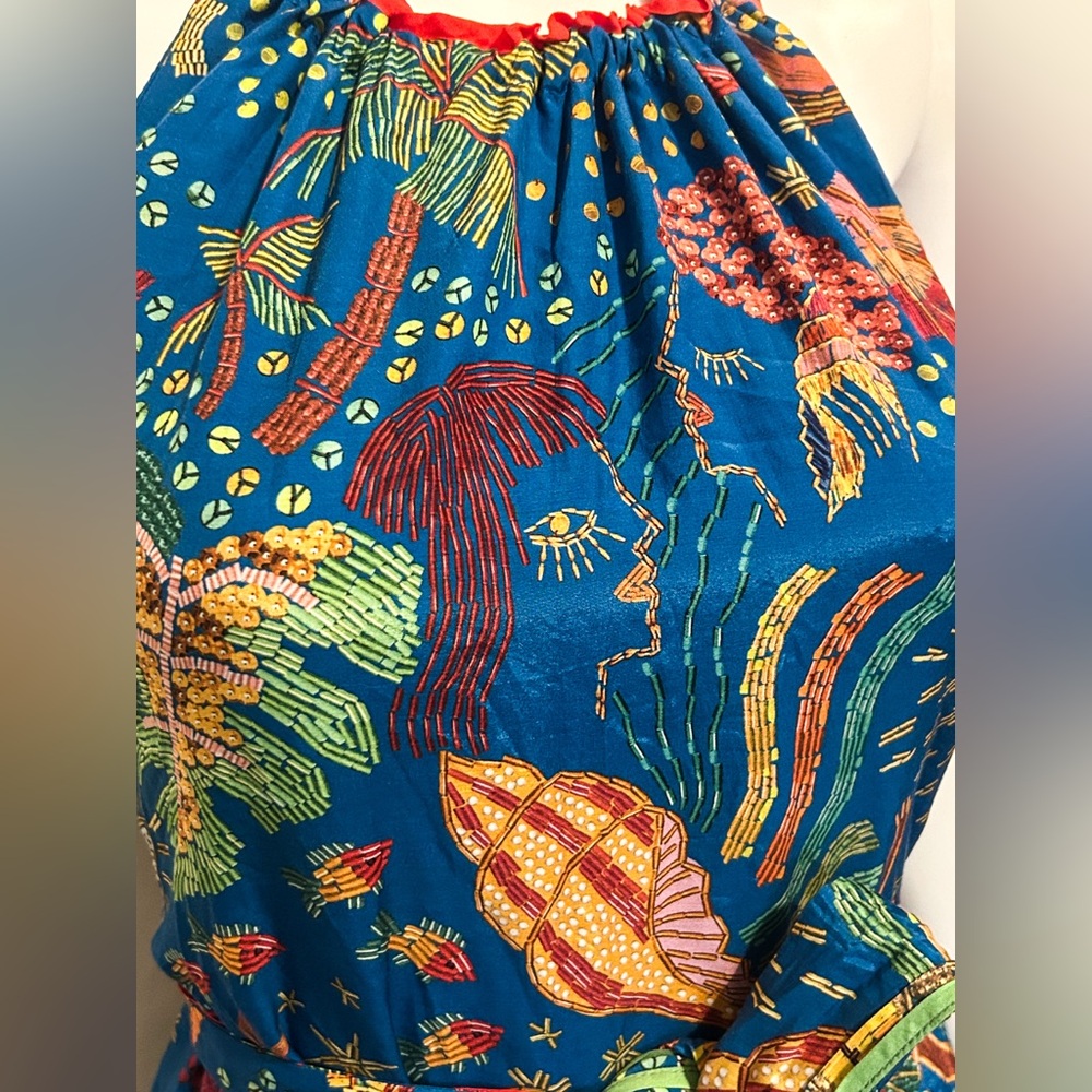 Farm Rio Sz Small Ocean Stories Mermaid Siren Maxi Tiered Dress Boho Sea witch - Picture 5 of 16